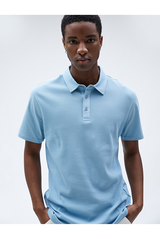 Polo Neck T-Shirt Textured Buttons Slim Fit Short Sleeves