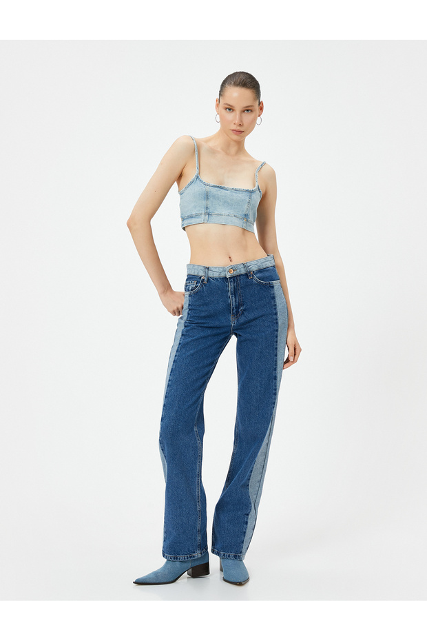 Double Color Straight Leg Jeans with High Waist Pockets - Nora Longer Straight Jeans