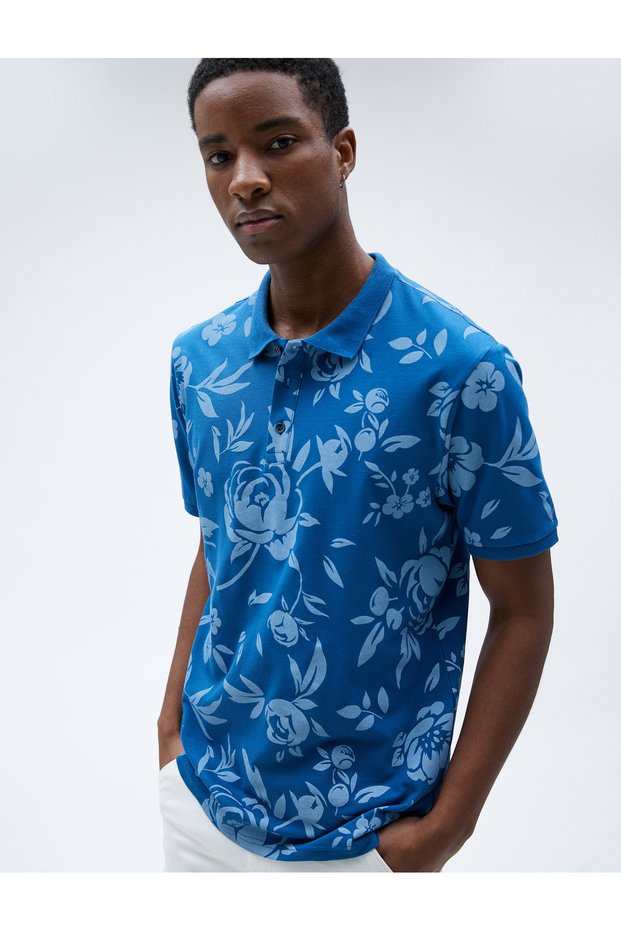 Polo Neck T-Shirt Floral Slim Fit Buttoned Short Sleeve