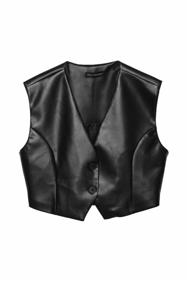 Women's Black Quzu Leather Vest Waistcoat 24K14160-Black