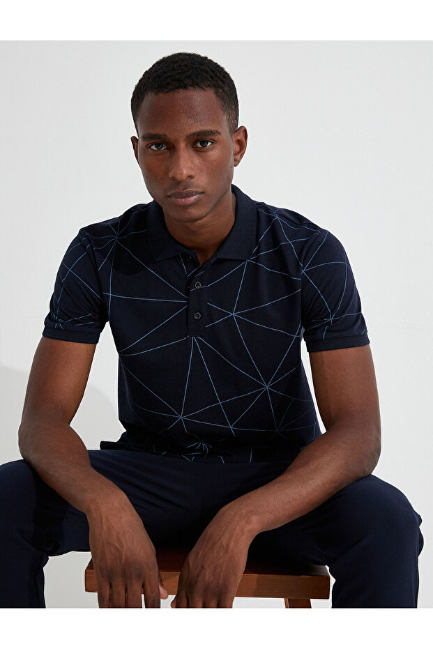 Geometric Patterned Polo Neck T-Shirt