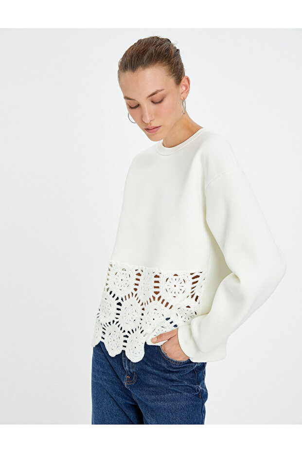 Crochet Detailed Sweatshirt Crew Neck Long Sleeve
