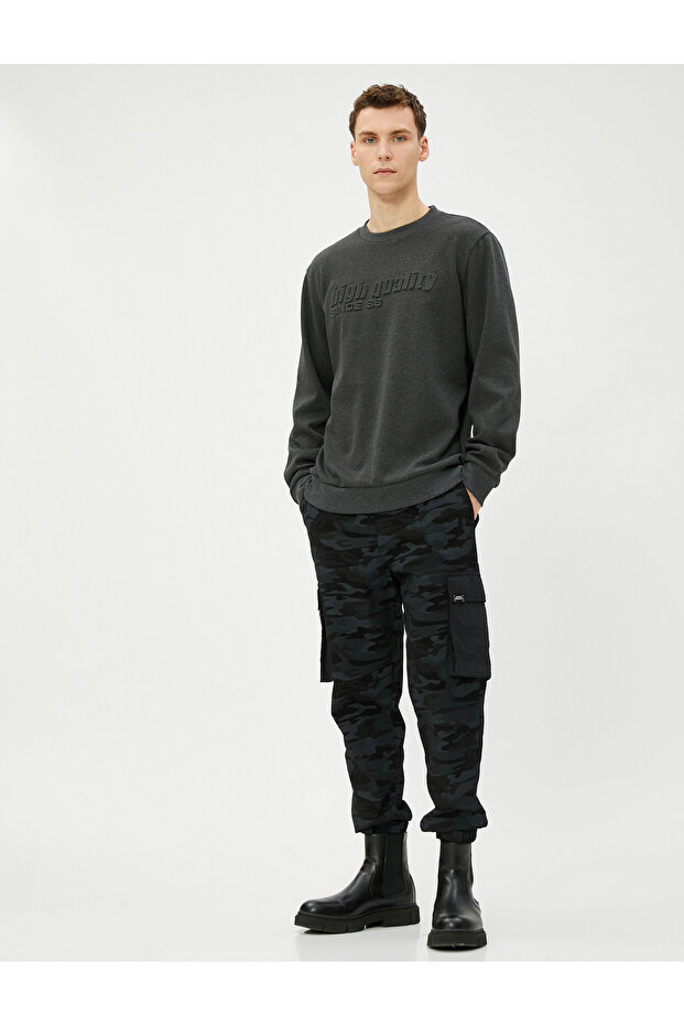 Slogan Embroidered Sweater Embossed Textured Crew Neck