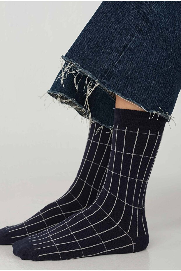 Grid Pattern Socks Navy Blue-Grey - 2