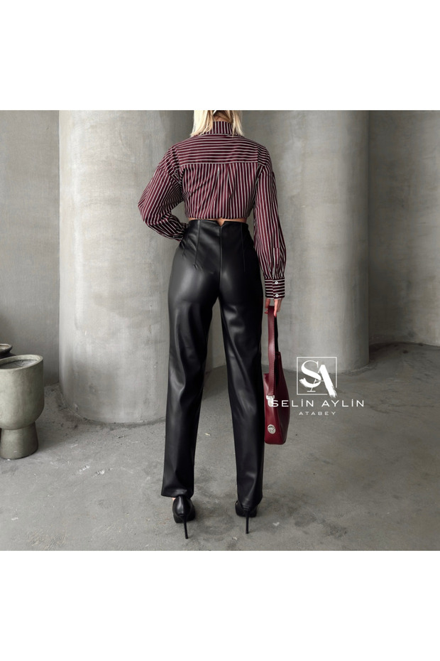 Önü Flatolu Deri Pantolon - 5