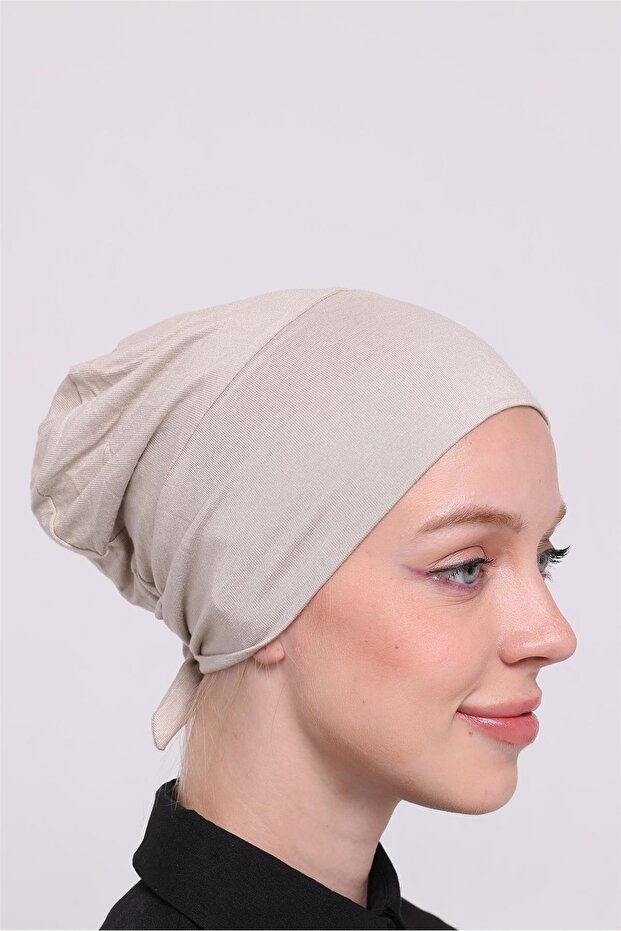 Beige Back Tied Hijab Bonnet Viscose Fabric Seamless Interlocking Lycra Inner Bonnet 3010_12
