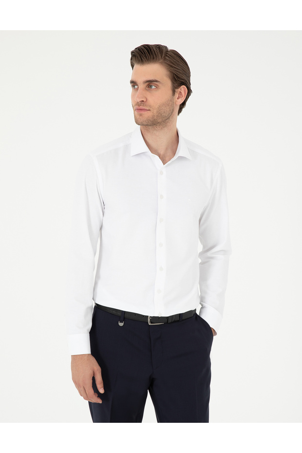 White Slim Fit Textured Long Sleeve Shirt 50296573-VR013