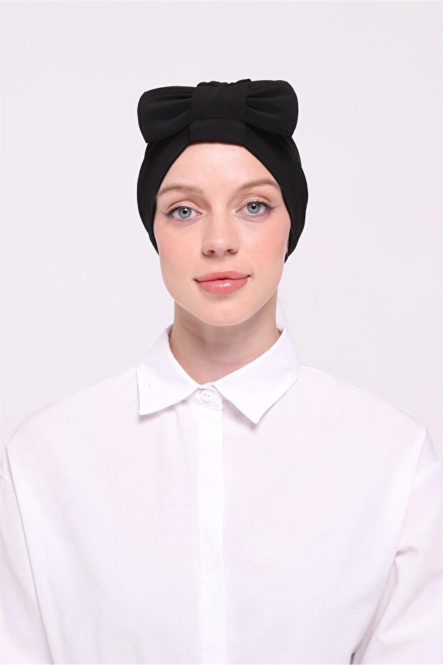 Black Practical Ready-made Hijab Bonnet Sandy Fabric Practical Bonnet with Cross Bow 1834_01