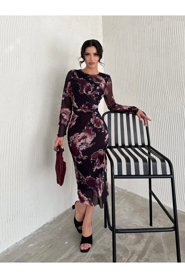Tül elbise drape detaylı - 1