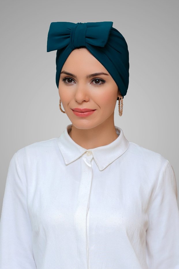 P. Blue Practical Ready-made Snap-on Hijab Bonnet Sandy Fabric Bow-Red Gathered 7006_17