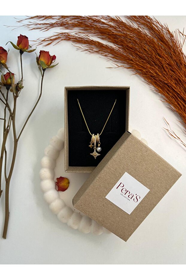 Steel Necklace with Gold Zircon Stone and Pearl Charm