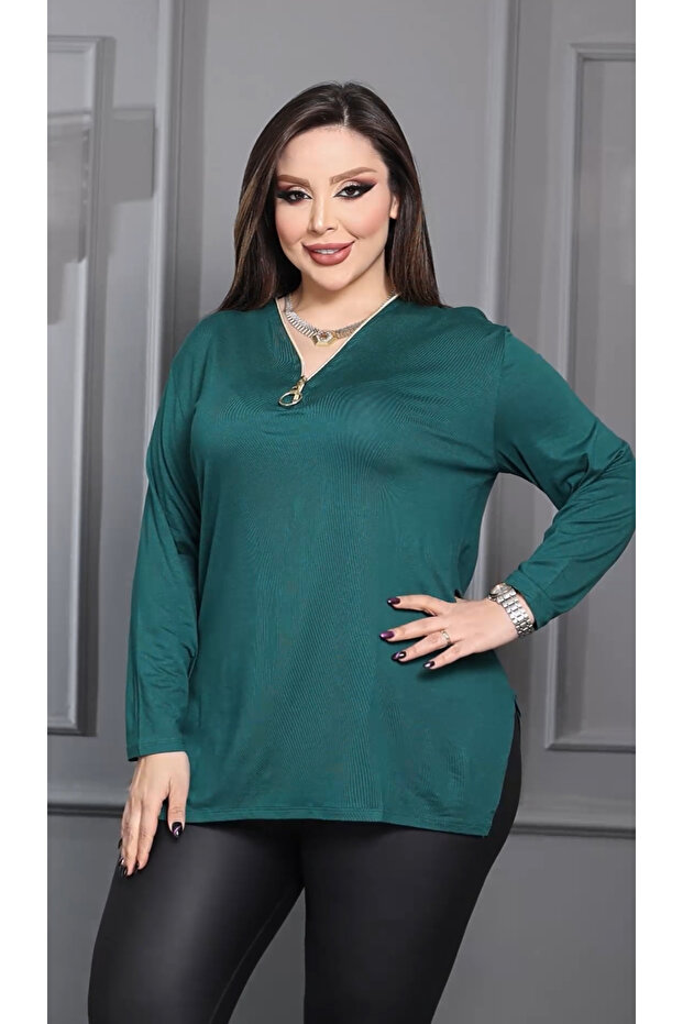 Women's Plus Size Emerald Zipper Neckline Slit Long Sleeve Blouse