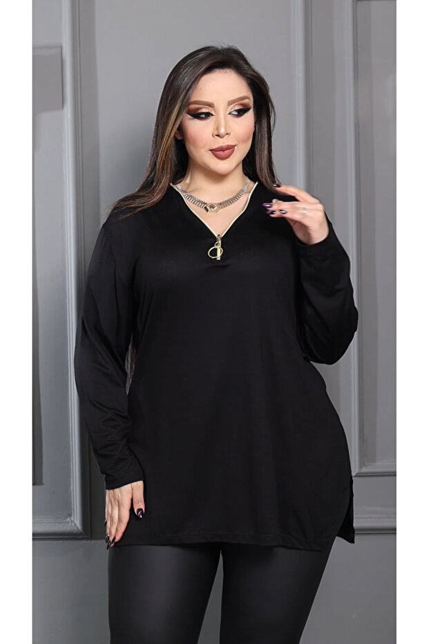 Women's Plus Size Black Neckline Zipper Slit Long Sleeve Blouse