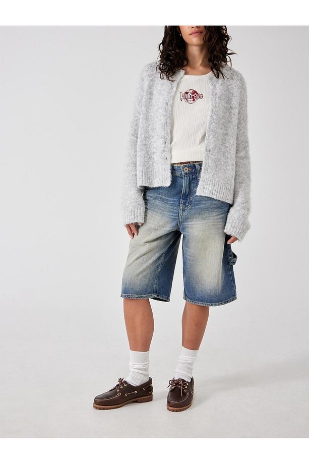 Orta Yıkama Carpenter Denim Uzun Şort - 2