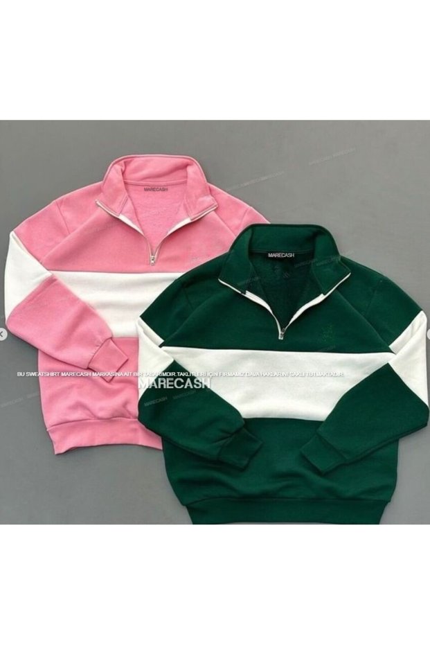 2-Piece Green Pink Segmented Color Half-Zip Polo Collar Sweatshirt with Fleece Inside for Winter (One Piece)