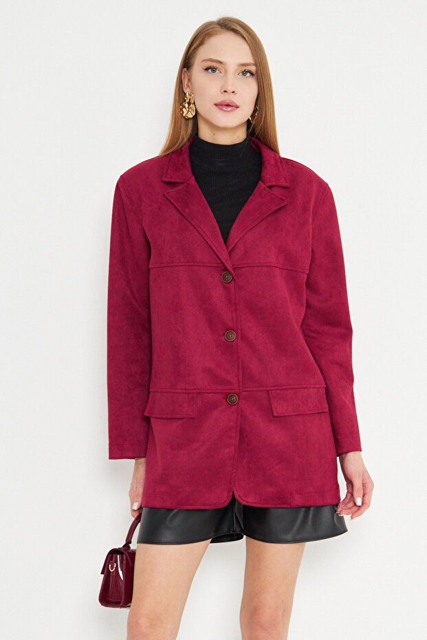 Women's Burgundy Collared, Pocketed, Buttoned, Padded Premium Suede Oversize Jacket Arm-25K001057