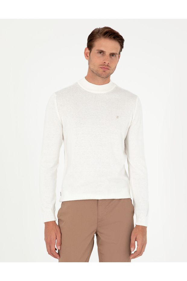 Ecru Slim Fit Quarter Collar Basic Knitwear Sweater 50296613-Vr019