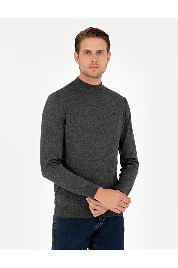 Anthracite Melange Slim Fit Quarter Collar Basic Knitwear Sweater 50296613-Vr081