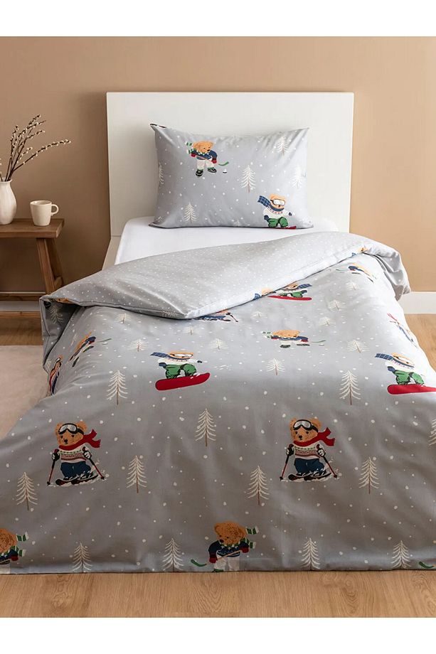 HOME Gri Ayı Teddy Baskılı Tek Kişilik Nevresim Seti - 1