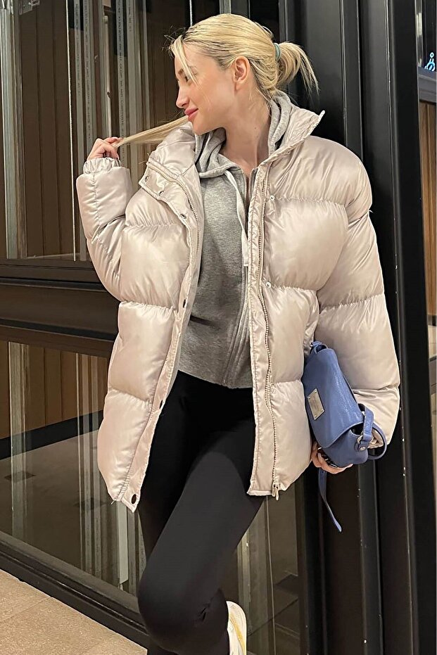 Gri Basic Oversize Kadın Şişme Mont Mg1582 - 6