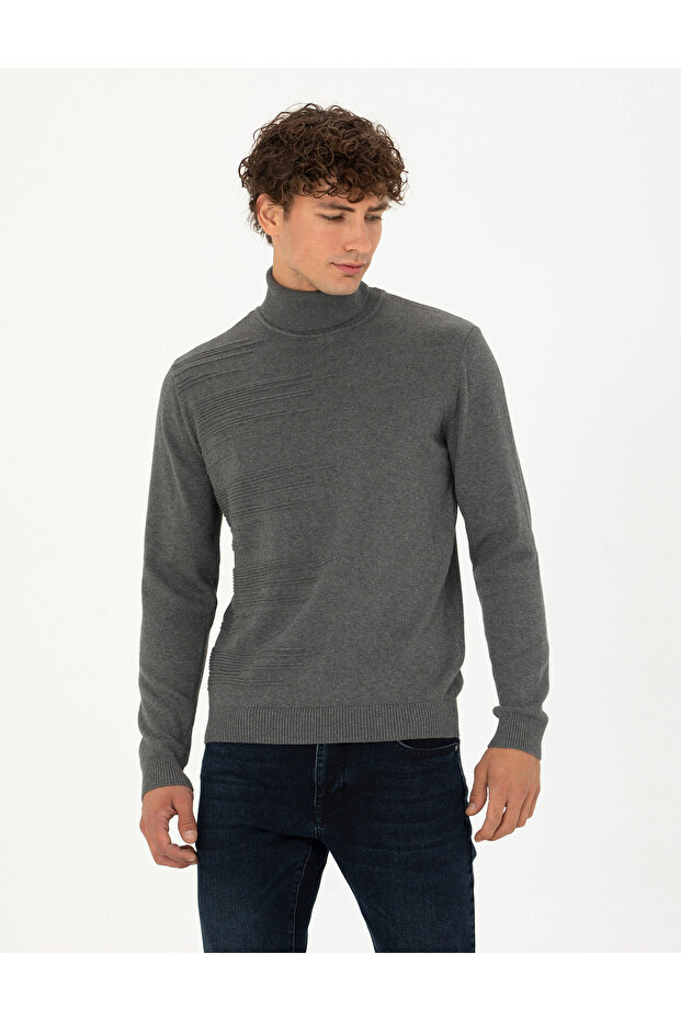 Gray Melange Slim Fit Turtleneck Sweater 50281831-Vr086