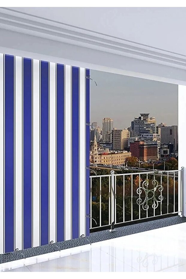 Gencer Home - Blue and White Lace-Up Balcony Curtain with Size Options