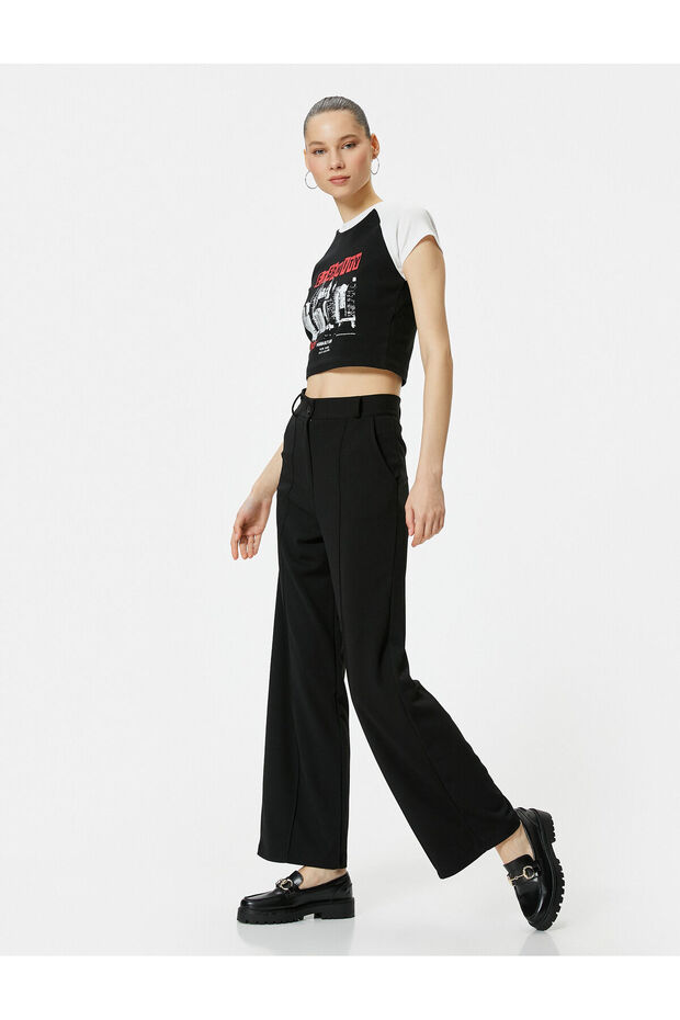 Fabric Pants High Waist Wide Leg Comfortable Fit Ribbed Pocket