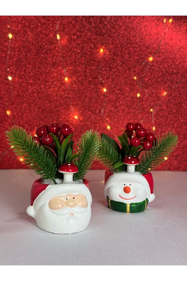 2'li Yeni Yıl Noel Baba ve Kardan Adam Yapay Çiçek Kokinalı Yılbaşı Dekorasyonu Saksı - 1