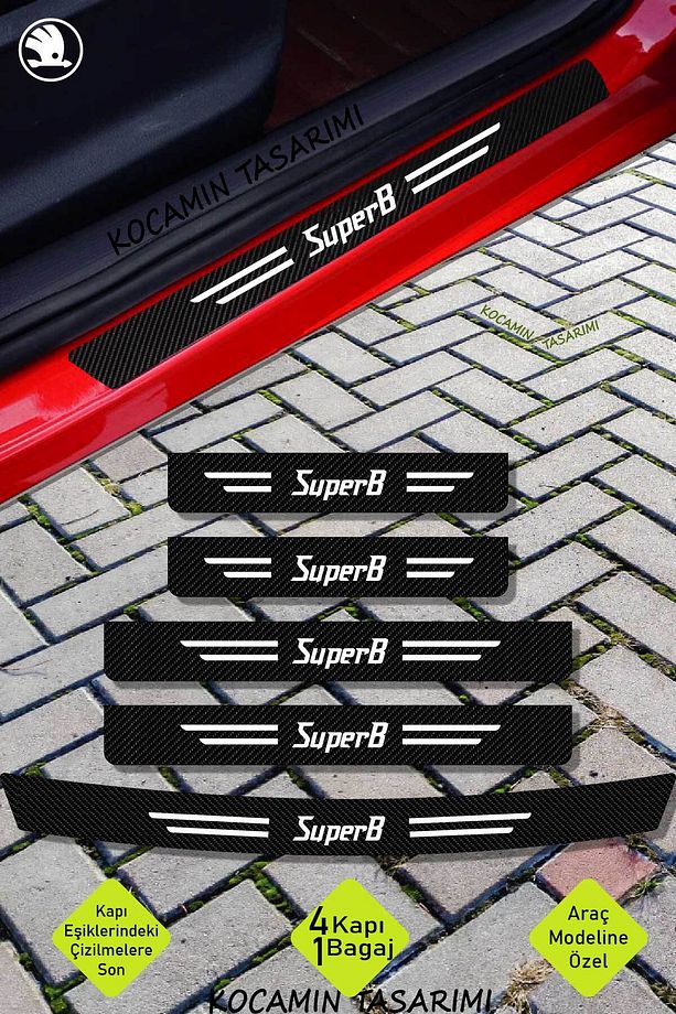 Skoda SuperB Karbon Kapı Eşiği ve Bagaj Koruyucu Set Çizilmeye Dayanıklı Sticker Folyo SuperB Yazılı - 1