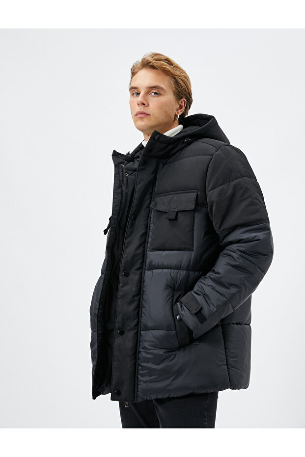 Puffer Jacket Hooded Pocket Detailed Snap Button Color Block