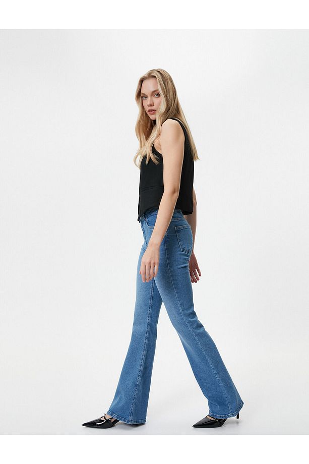 İspanyol Paça Kot Pantolon Dar Kesim Yüksek Bel Esnek Pamuklu Cepli - Flare Slim Jean - 2