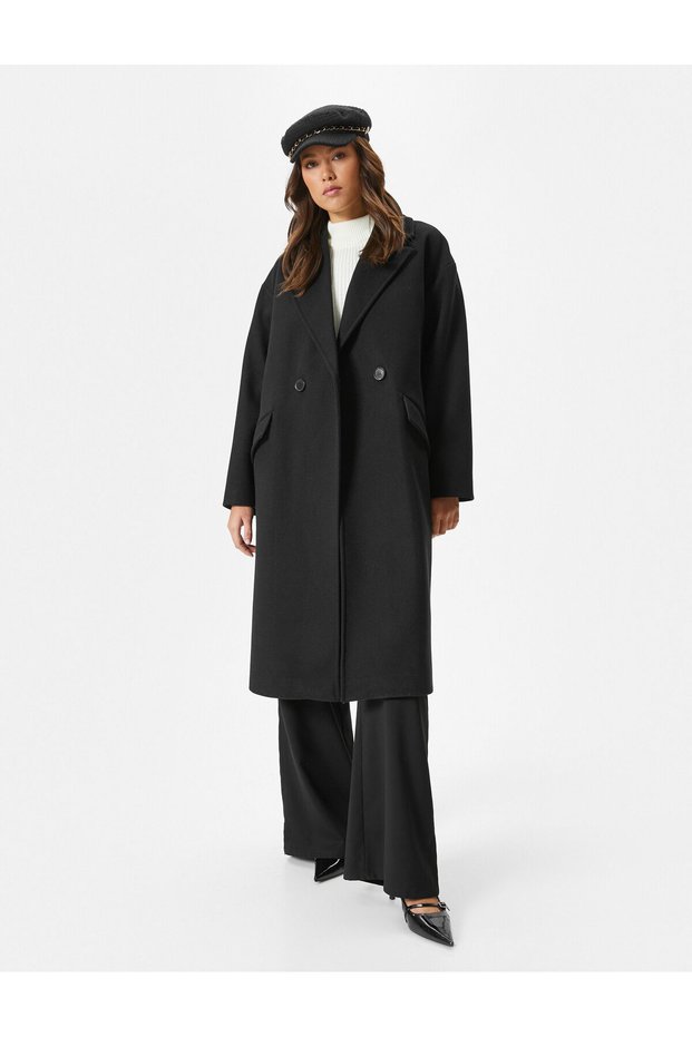Long Cuff Coat Buttoned Double Breasted Pocket Detailed