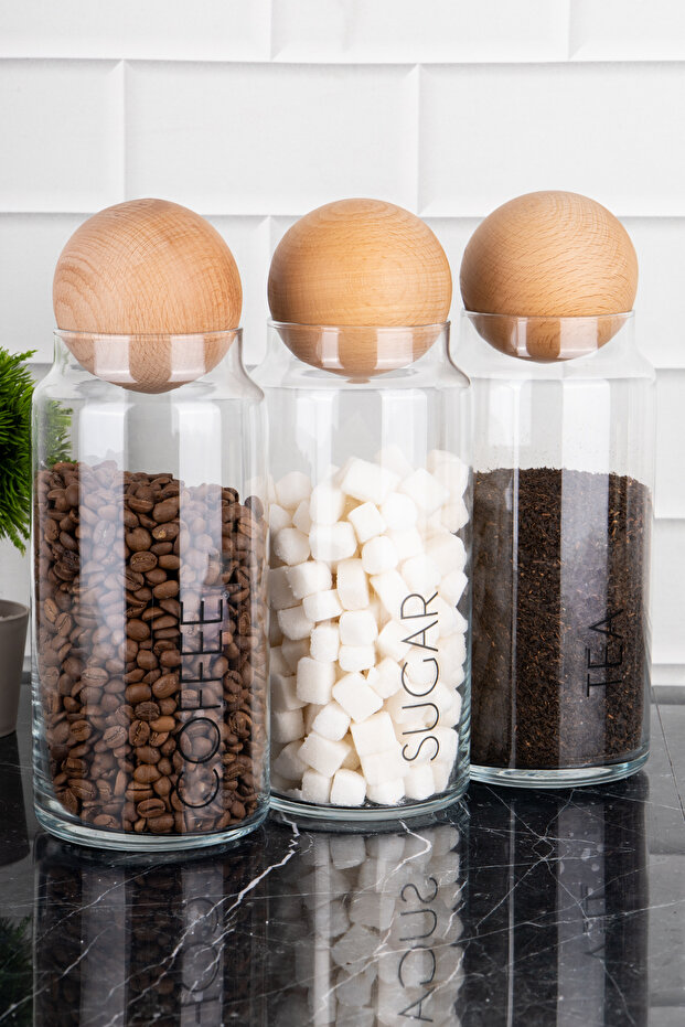3-Piece Wooden Ball Lid Tea Sugar Coffee Storage Jar Glass Storage Container Transparent with Labels 1300 ml