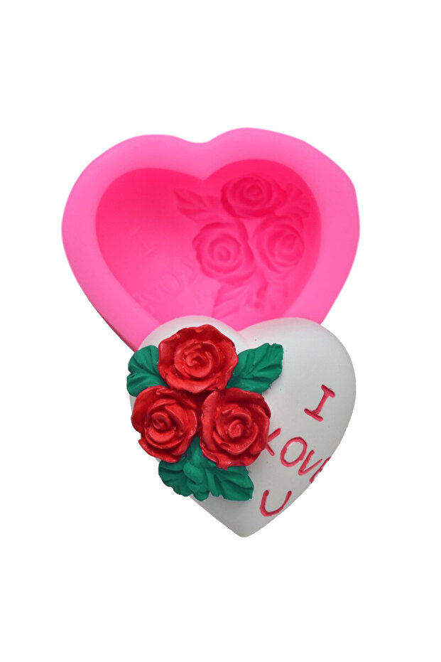 4,7cm I Love U 3D Silicone Heart with Roses - Scented Stone and Soap Candle Mold K-1286