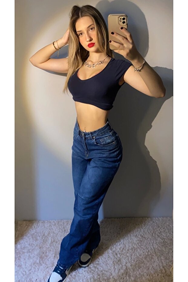 Dark Denim Fabric Basic Wide Leg Jeans - 3