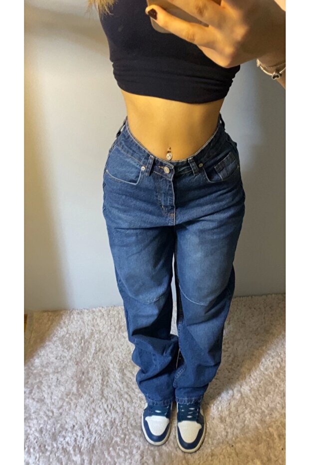 Dark Denim Fabric Basic Wide Leg Jeans - 2