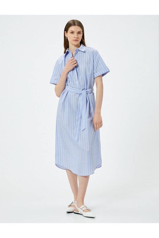 Midi Shirt Dress with Belted Waist, Short Sleeves and Buttons