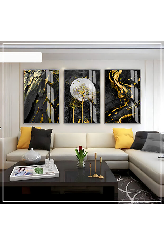 Hari̇kabi̇rev | Black -Gold Color Abstract Set 03 | Framed Glass Table 3 Pieces Vertical