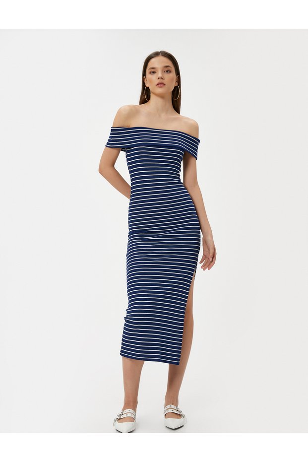 Madonna Collar Off-The-Shoulder Pencil Dress Midi Length Slit Detail Slim Fit