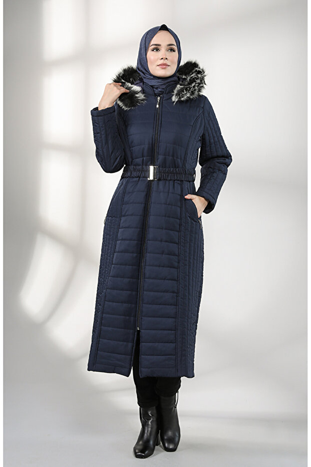 Hooded Quilted Coat 0813-02 Navy Blue