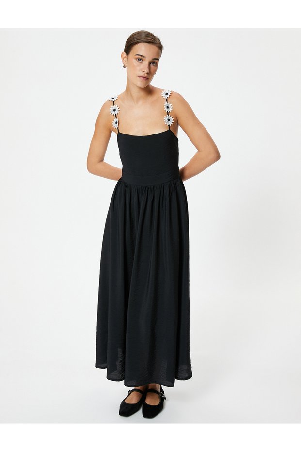 Long Strap Dress Thin Strap Viscous Fabric with Flower Applique Detail