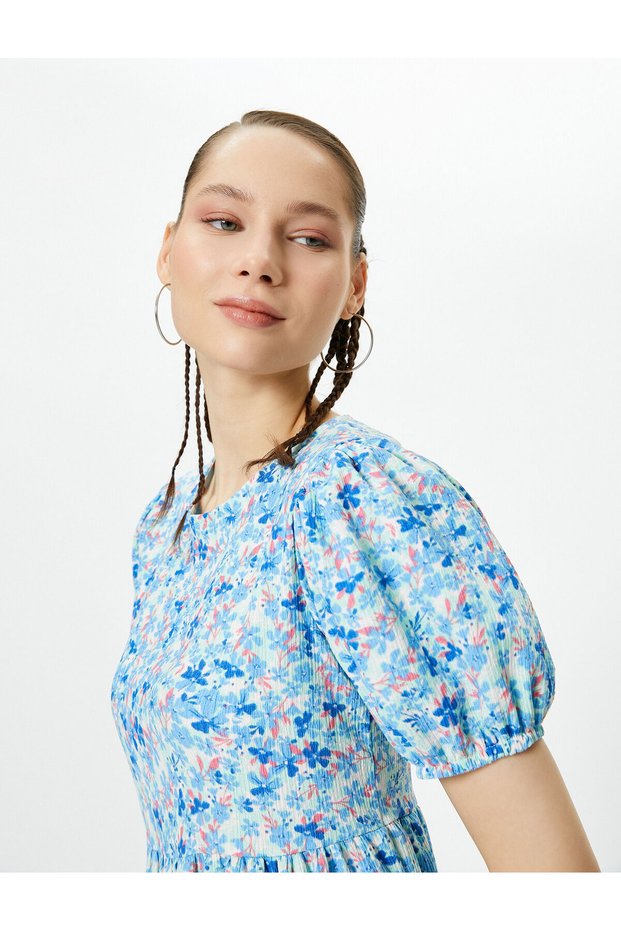 Balloon Sleeve Floral Dress Midi Length Comfortable Fit Crew Neck Textured
