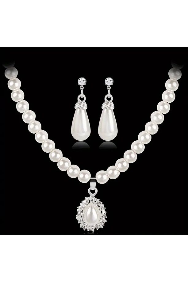 Taşlı İnci Kolye & Küpe Set - 7