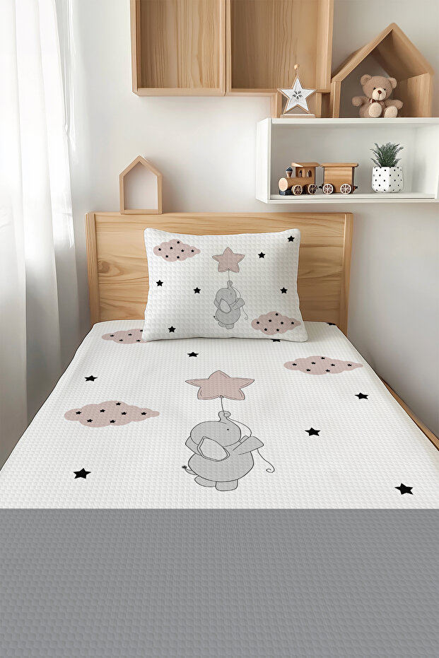 Gray Elephant Patterned Single Children's Pique Set Tlap-133