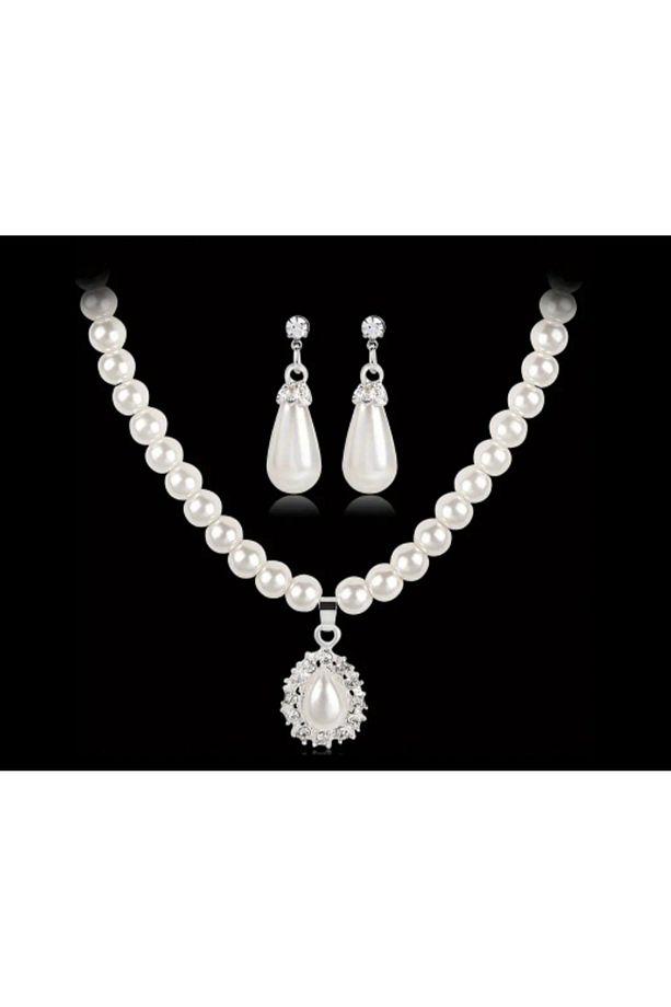 Taşlı İnci Kolye & Küpe Set - 4