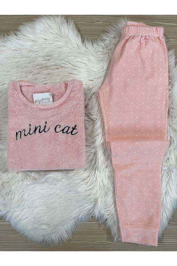 Açık Pembe  Mini Cat Desenli Ön Peluş Detaylı Polar Pijama Takımı - 1