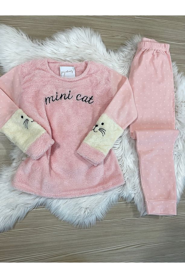 Açık Pembe  Mini Cat Desenli Ön Peluş Detaylı Polar Pijama Takımı - 5