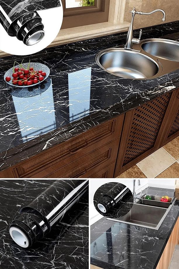 Siyah Yapışkanlı Mermer Görünümlü Masa Tezgah Dolap Mutfak Banyo 5 Metre X 60 Cm Folyo Kağıt Şık - 3
