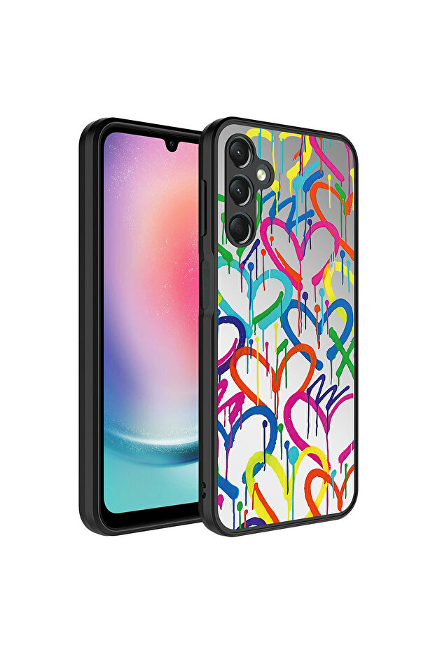 Galaxy A14 Case Mirrored Pattern Camera Protection Glossy Zore Mirror Cover - Heart - 1