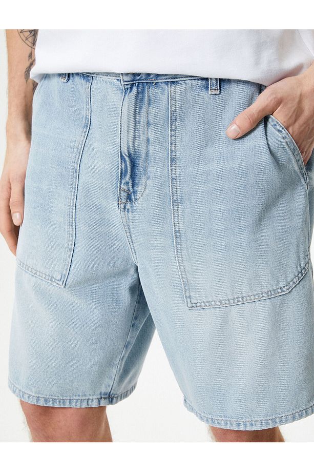 Oversize Kot Şort Bermuda Cepli Dikiş Detaylı Düğmeli - 5